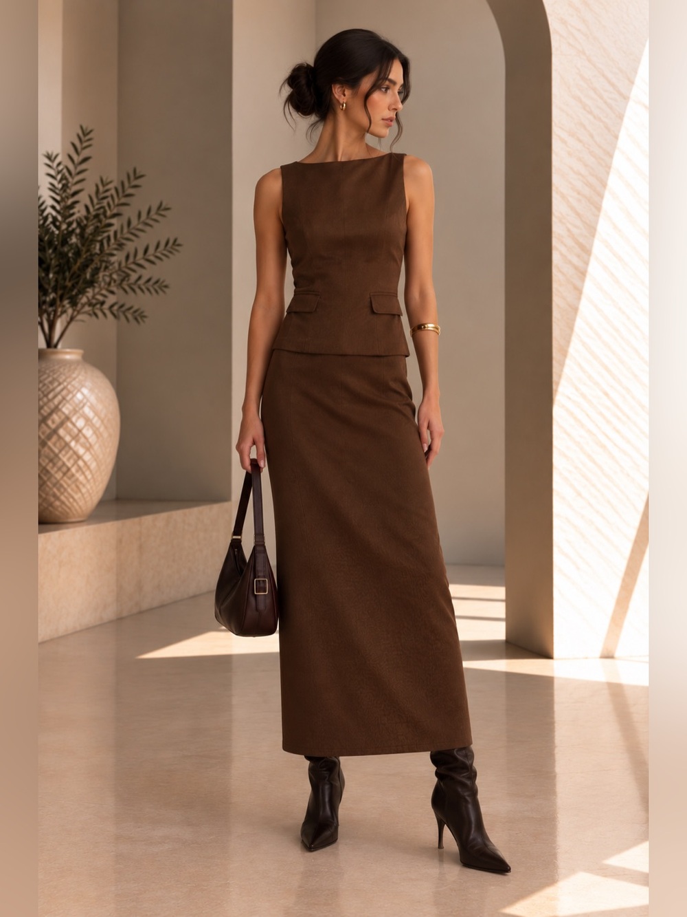 Commense Brown Suede Tank Top Midi Skirt 2 Piece Set S | Sold Out